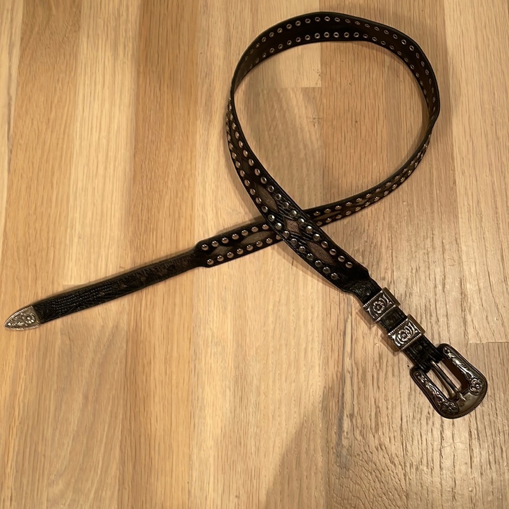 Men’s Italian black leather silver studs, copper mesh inset belt